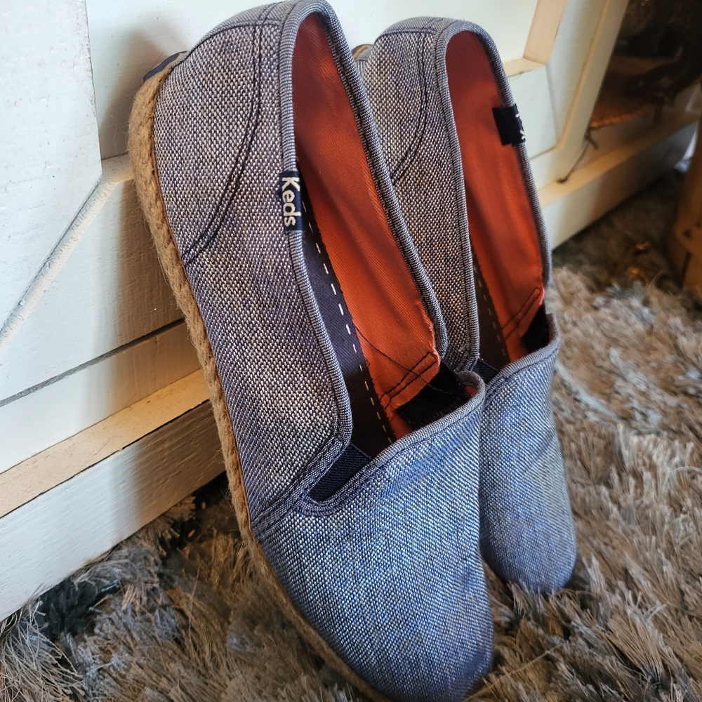 Keds Denim Tweed Slip-On Lower Woven Espadrille Trim in Wmns 8.5